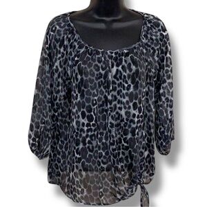 New XS Express Grey Blue Black Leopard Print Semi Sheer Blouse Top